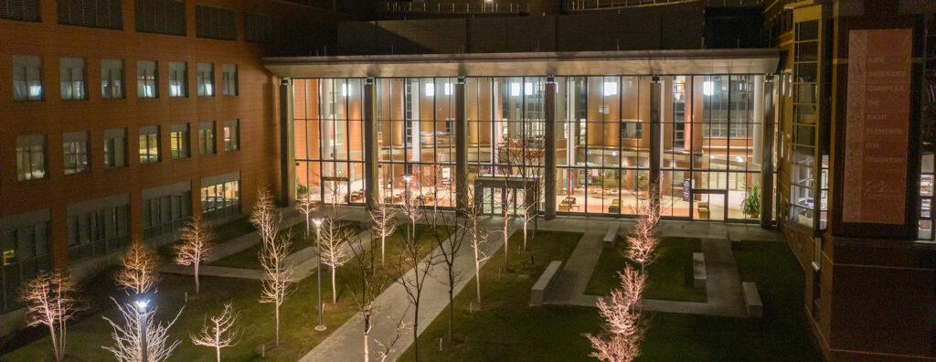 The Life Sciences Complex at night from above.