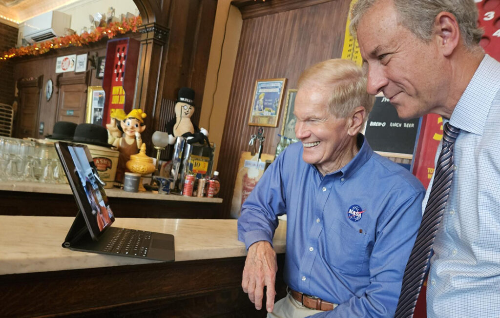 Aerospace Engineering student Greg Slodysko talks with NASA Administrator Bill Nelson over Zoom