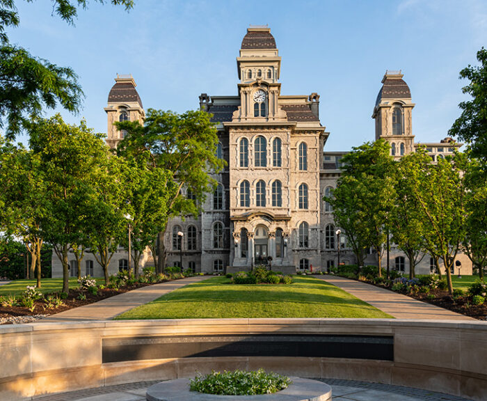 Exterior image of the Hall of Languages, the oldest building on the Syracuse University campus.