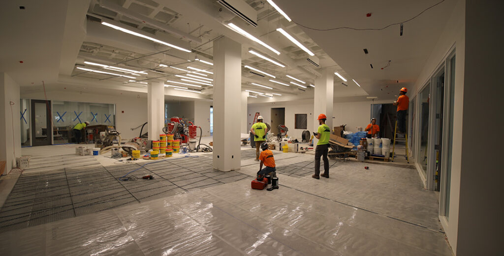 Crews working on the renovated Link Hall Lobby