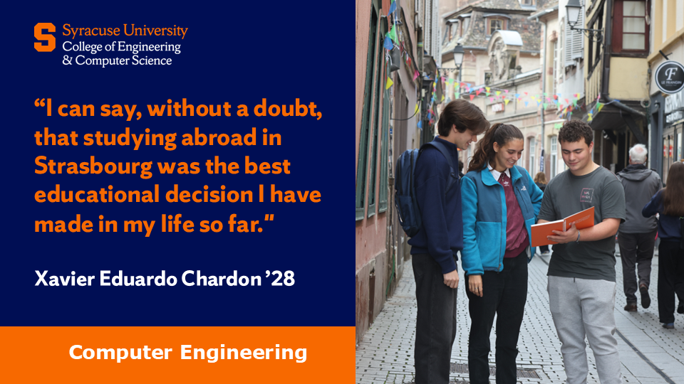 A photo of Xavier Eduardo Chardon in Strasbourg and a quote saying “I can say, without a doubt, that studying abroad in Strasbourg was the best educational decision I have made in my life so far."