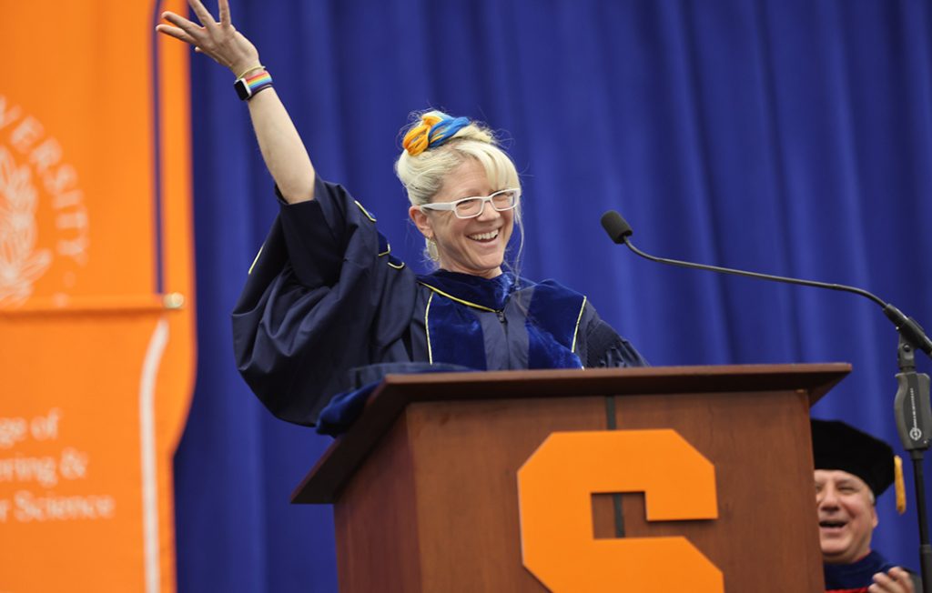 Interim Dean Jenny Ross showing that her hair is dyed orange and blue